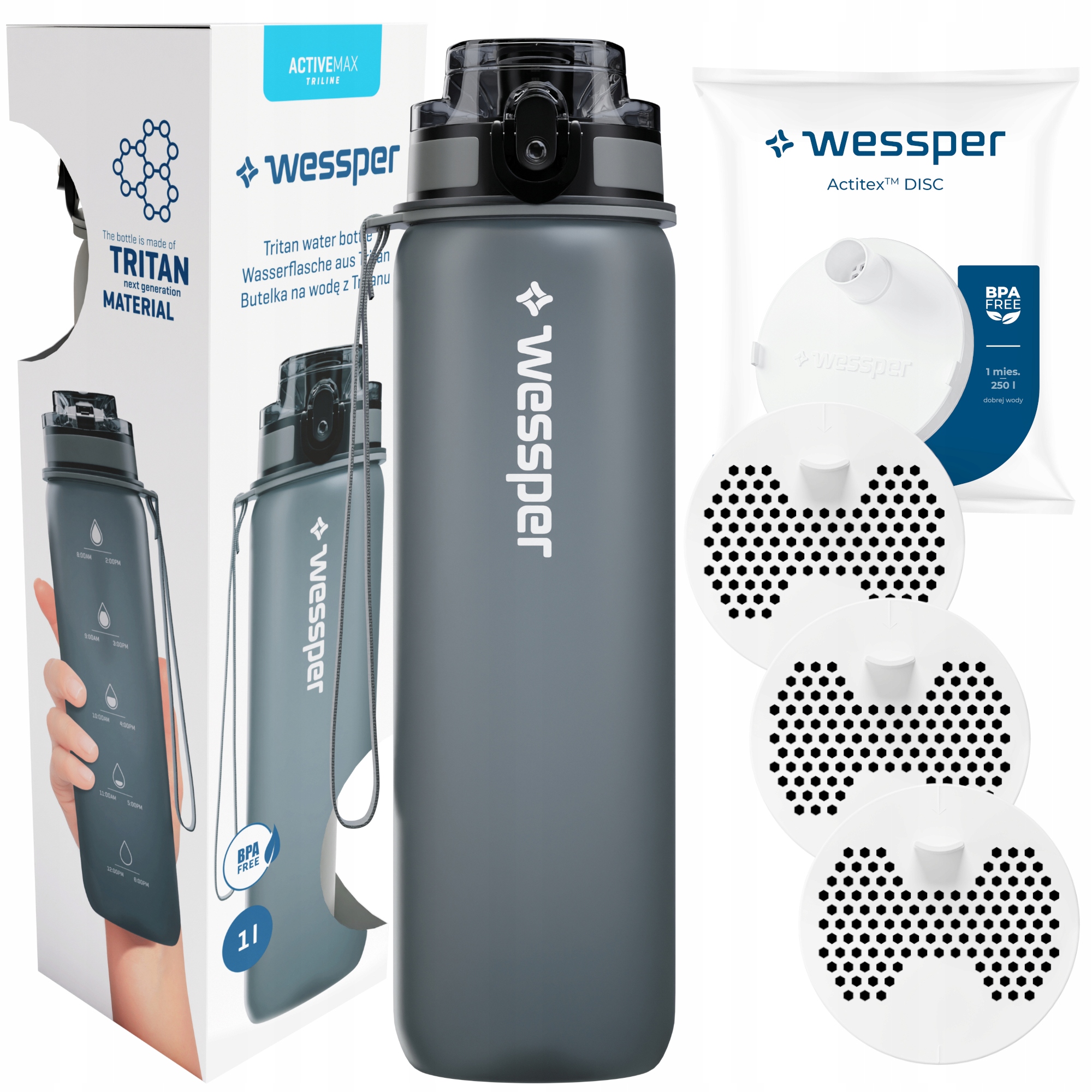 Filtračná fľaša Wessper Activemax Triline 1 l strieborná/šedá